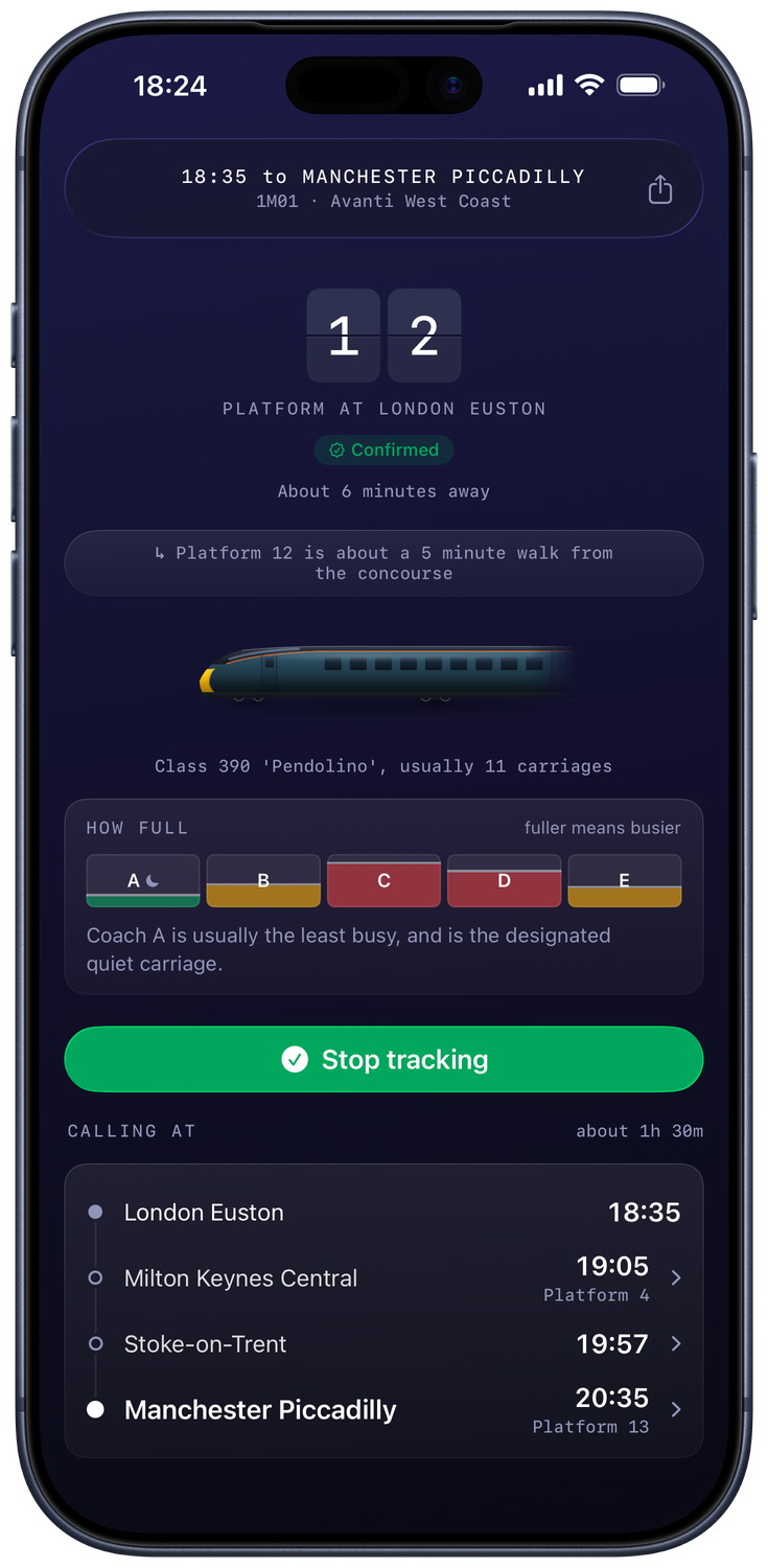 An iPhone running Platform Pal, tracking a train with platform 12 confirmed at London Euston